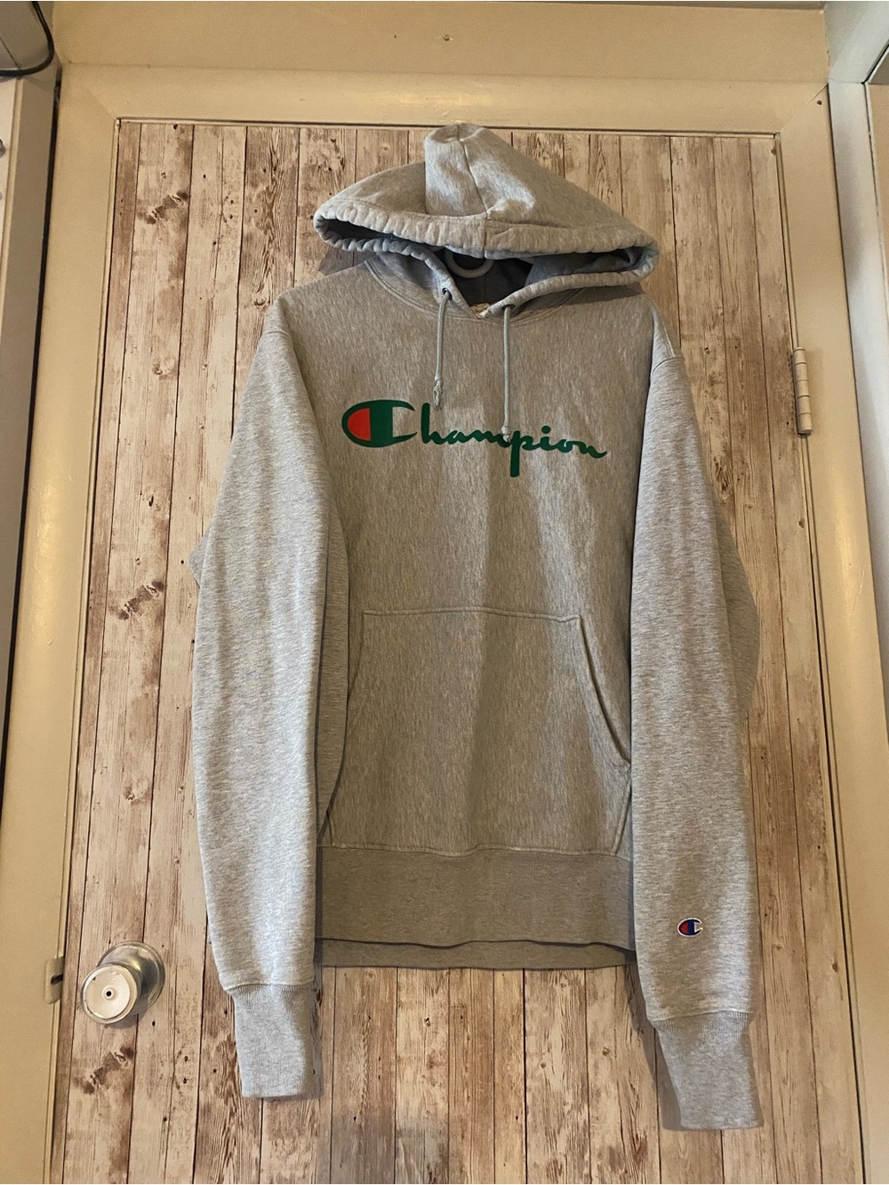 Champion Reverse Weave Men's Gray Logo Hoodie Pullover Sweatshirt Size Large